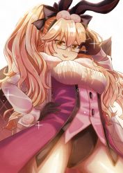 Rule 34 | 1girl, absurdres, animal ear fluff, animal ears, black bow, black gloves, blush, bow, breasts, coattails, collared shirt, corset, dress shirt, fate/grand order, fate (series), fox tail, glasses, gloves, hair between eyes, hair bow, highres, huge filesize, k (pixiv71337887), koyanskaya (assassin) (second ascension) (fate), koyanskaya (fate), large breasts, long hair, long sleeves, looking at viewer, open mouth, pantyhose, pink hair, rabbit ears, shirt, sidelocks, smile, solo, sparkle, tail, tamamo (fate), thighs, twintails, underbust, white pantyhose, white shirt, yellow eyes