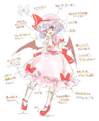 Rule 34 | 1girl, bat wings, blue hair, dress, fang, hat, hat ribbon, looking at viewer, maru usagi, mob cap, open mouth, pink dress, puffy sleeves, red eyes, remilia scarlet, ribbon, sash, short sleeves, simple background, smile, solo, touhou, translation request, white background, wings