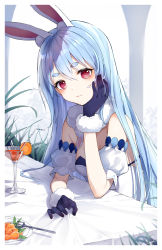 Rule 34 | 1girl, absurdres, alternate hairstyle, animal ear fluff, animal ears, bare shoulders, black gloves, blue hair, blush, border, breasts, cleavage, closed mouth, cup, detached sleeves, don-chan (usada pekora), drink, drinking glass, drinking straw, fork, fur-trimmed gloves, fur collar, fur trim, gloves, hand on own cheek, hand on own face, highres, hololive, long hair, looking at viewer, plate, puffy short sleeves, puffy sleeves, purple eyes, rabbit ears, rabbit girl, short sleeves, small breasts, smile, snozaki, solo, straight hair, strapless, table, tablecloth, thick eyebrows, upper body, usada pekora, usada pekora (1st costume), very long hair, virtual youtuber, white border