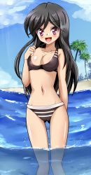 Rule 34 | 1girl, :d, a channel, beach, bikini, black bikini, black hair, blue sky, blush, breasts, cameltoe, cloud, day, highres, long hair, looking at viewer, medium breasts, navel, nishi yuuko, ocean, open mouth, outdoors, palm tree, partially submerged, partially underwater shot, purple eyes, shiguko, sky, smile, solo, swimsuit, tree, tsurime, underwater, wading, water