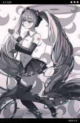 1girl absurdres aqua_eyes arm_tattoo black_sleeves blush boots chromatic_aberration closed_mouth collared_shirt commentary dated full_body glitch grey_hair hair_between_eyes haru_yu hatsune_miku headset heart highres long_hair long_sleeves necktie number_tattoo pleated_skirt shirt skirt sleeveless sleeveless_shirt smile solo spot_color tattoo thigh_boots twintails unknown_mother_goose_(vocaloid) very_long_hair vocaloid