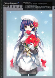 Rule 34 | 1girl, absurdres, black pantyhose, bouquet, brown eyes, brown hair, flower, gloves, hat, highres, long hair, looking at viewer, original, pantyhose, riv (rivleaf), scarf, shorts, snow, solo, white gloves