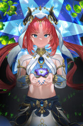 Rule 34 | 1girl, absurdres, armlet, black background, blue eyes, blue gemstone, blue nails, bracer, breasts, brooch, circlet, closed mouth, commentary, crop top, detached sleeves, fake horns, floating, floating hair, floating object, flower, gem, genshin impact, green flower, harem outfit, highres, horns, jewelry, long hair, long sleeves, looking at viewer, low twintails, medium breasts, midriff, mosta (lo1777789), neck ring, nilou (genshin impact), own hands together, parted bangs, purple flower, red hair, sidelocks, skirt, smile, solo, twintails, white headwear, white sleeves