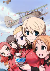 Rule 34 | &gt;:), &gt;:d, 10s, 6+girls, :d, aegis (nerocc), aircraft, airplane, assam (girls und panzer), biplane, blonde hair, blue eyes, bow, braid, brown eyes, brown hair, character request, cherry blossoms, closed mouth, cloud, cloudy sky, commentary request, cup, darjeeling (girls und panzer), day, emblem, extra, eyebrows, fairey swordfish, flag, girls und panzer, hair bow, hair over shoulder, hair ribbon, holding, holding cup, jacket, long hair, long sleeves, looking at another, looking at viewer, multiple girls, open mouth, orange hair, orange pekoe (girls und panzer), parted bangs, red hair, red jacket, ribbon, rosehip (girls und panzer), rukuriri (girls und panzer), saucer, short hair, single braid, sky, smile, teacup, twin braids, v-shaped eyebrows, yellow eyes
