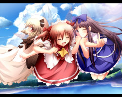 Rule 34 | 3girls, black hair, blonde hair, bow, closed eyes, fang, female focus, flying, hair bow, hair ribbon, letterboxed, long hair, luna child, multiple girls, one eye closed, oriental sacred place, red hair, ribbon, star sapphire, sui. (ayase), sunny milk, touhou, twintails, wings, wink, yousei daisensou