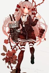 Rule 34 | 1girl, amatsukaze (kancolle), commentary, dress, english commentary, flower, grey background, grey hair, gurin33, hair tubes, highres, kantai collection, leaf, long hair, long sleeves, looking at viewer, plant, red eyes, rensouhou-kun, rose, sailor dress, simple background, striped clothes, striped thighhighs, thighhighs, torpedo tubes, twitter username, two side up, very long hair, vines