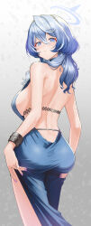 Rule 34 | 1girl, ako (blue archive), ako (dress) (blue archive), ass, backless dress, backless outfit, blue archive, blue dress, blue eyes, blue hair, blue halo, blush, breasts, closed mouth, cowboy shot, cuffs, dress, earrings, fingernails, hair between eyes, halo, handcuffs, highres, jewelry, large breasts, long hair, looking at viewer, looking back, nail polish, neko61, official alternate costume, purple nails, sideboob, sleeveless, sleeveless dress, solo