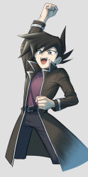 Rule 34 | 1boy, :d, arm up, belt, black belt, black hair, bright pupils, character request, clenched hands, coat, commentary request, grey background, grey eyes, koma yoichi, long sleeves, male focus, open clothes, open coat, open mouth, pants, purple shirt, shirt, smile, solo, spiked hair, teeth, tongue, upper teeth only, white pupils, yu-gi-oh!