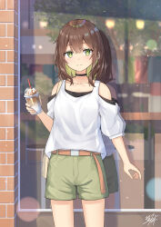 Rule 34 | 1girl, bag, belt, black choker, breasts, brick wall, brown belt, brown hair, choker, closed mouth, clothing cutout, collarbone, commentary request, cup, day, disposable cup, drinking straw, green eyes, green hair, green shorts, hair between eyes, highres, holding, holding cup, looking at viewer, miko fly, multicolored hair, original, outdoors, puffy short sleeves, puffy sleeves, reflection, short shorts, short sleeves, shorts, shoulder bag, shoulder cutout, small breasts, solo, standing, two-tone hair, window