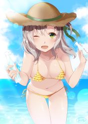 Rule 34 | 10s, :d, bare arms, bare shoulders, bikini, blush, bottle, breasts, cloud, cloudy sky, collarbone, commentary request, cowboy shot, dated, day, green eyes, halterneck, hat, highres, holding, holding bottle, kantai collection, kazuki kan, kinugasa (kancolle), leaning forward, lens flare, long hair, looking at viewer, medium breasts, micro bikini, navel, one eye closed, open mouth, outdoors, side-tie bikini bottom, signature, sky, smile, solo, stomach, straw hat, swimsuit, w arms, yellow bikini