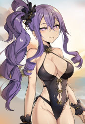 Rule 34 | 1girl, beach, black one-piece swimsuit, breasts, earrings, fate/grand order, fate (series), highres, jewelry, large breasts, long hair, mahou io, navel, one-piece swimsuit, purple eyes, purple hair, side ponytail, smile, swimsuit, wu zetian (fate), wu zetian (swimsuit caster) (fate), wu zetian (swimsuit caster) (first ascension) (fate)