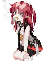 Rule 34 | 1girl, black necktie, black shorts, blush, bracelet, braid, breasts, cigarette, collar, earrings, gentlemen (meme), grey eyes, hair ornament, hair over eyes, highres, jersey, jewelry, long hair, meme, messy hair, mole, mole on cheek, mole under eye, moonchii, necktie, original, pointy ears, red hair, seiza, shorts, side braid, sidelocks, simple background, sitting, skull hair ornament, small breasts, smoking, solo, spiked collar, spikes, star (symbol), too many, too many in mouth, two side up, white background