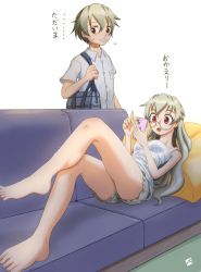Rule 34 | 1boy, 1girl, absurdres, anchovy (girls und panzer), barefoot, blush, breasts, brother and sister, brown eyes, cellphone, girls und panzer, glasses, green hair, green shorts, highres, iphone, kainushi, long hair, lying, open mouth, phone, red eyes, shirt, shirts, short hair, shorts, siblings, simple background, small breasts, smartphone, white background, white shirt