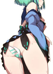 Rule 34 | 1girl, animal print, ass, blue dress, blue ribbon, blue sleeves, bow, breasts, butt crack, butterfly print, cameltoe, clothes pull, detached collar, detached sleeves, dress, dress bow, dress pull, from behind, green hair, hair ribbon, head out of frame, highres, hololive, juliet sleeves, long sleeves, medium hair, morisobo, nipples, no bra, panties, puffy sleeves, pussy juice, ribbon, short dress, side-tie panties, simple background, small breasts, solo, strapless, strapless dress, striped clothes, striped panties, sweat, twisted torso, underwear, untied panties, untying, upskirt, uruha rushia, uruha rushia (1st costume), virtual youtuber, white background, wide sleeves