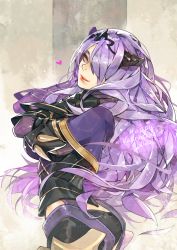Rule 34 | 1girl, arched back, armor, camilla (fire emblem), fire emblem, fire emblem fates, gauntlets, hair over one eye, heart, ian olympia, long hair, looking at viewer, nintendo, purple eyes, purple hair, solo