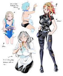 Rule 34 | 4girls, absurdres, ass, axel syrios, back tattoo, belt, black pants, blonde hair, blue eyes, blue hair, butt crack, carrying, controller, crazy person, eating, english text, fang, fishnet fabric, food on clothes, game controller, genderswap, genderswap (mtf), highres, holostars, holostars english, long hair, long sleeves, magni dezmond, multicolored hair, multiple girls, noir vesper, pants, red hair, regis altare, short hair, shoulder carry, sonic (series), streaked hair, swimsuit, tattoo, virtual youtuber
