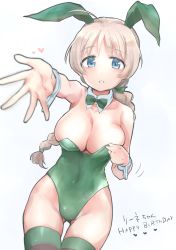 Rule 34 | 1girl, absurdres, animal ears, aohashi ame, blue eyes, braid, breasts, brown hair, cleavage, covered navel, detached collar, fake animal ears, green leotard, highleg, highleg leotard, highres, large breasts, leotard, long hair, looking at viewer, lynette bishop, multicolored clothes, multicolored legwear, playboy bunny, rabbit ears, shiny skin, simple background, single braid, solo, strapless, strapless leotard, strike witches, striped clothes, striped thighhighs, thighhighs, white background, world witches series