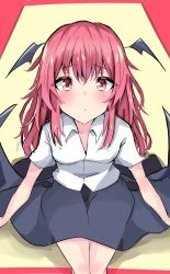 Rule 34 | 1girl, black skirt, blouse, blush, breasts, feet out of frame, from above, head wings, highres, koakuma, long hair, nono54558, one-hour drawing challenge, red eyes, red hair, shirt, short sleeves, sitting, skirt, small breasts, solo, touhou, white shirt, wings