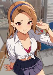 Rule 34 | 1girl, arm support, blue hairband, blue skirt, bra, bracelet, breasts, brown hair, building, cleavage, collarbone, commentary, computer, desk, earrings, eyelashes, forehead, gyaru, hairband, hand up, idolmaster, idolmaster (classic), indoors, jabara tornado, jewelry, laptop, light blush, long hair, long sleeves, looking at viewer, medium breasts, minase iori, nail polish, navel, office, on desk, open collar, pink bra, pink eyes, pink nails, pleated skirt, print bra, shirt, sitting, skirt, sleeves rolled up, smile, solo, tied shirt, underwear, white shirt, window