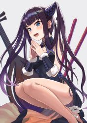Rule 34 | 1girl, ayul (ayulneri 92), bare shoulders, black dress, blue eyes, blunt bangs, blush, breasts, china dress, chinese clothes, commentary request, detached sleeves, dress, fate/grand order, fate (series), hair ornament, instrument, large breasts, long hair, looking at viewer, open mouth, purple hair, sidelocks, smile, solo, thighs, twintails, very long hair, yang guifei (fate), yang guifei (second ascension) (fate)