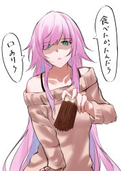 Rule 34 | 1girl, absurdres, bare shoulders, brown sweater, collarbone, food, green eyes, hair over one eye, highres, holding, holding food, long hair, long sleeves, nijisanji, off-shoulder sweater, off shoulder, parted lips, pink hair, pocky, shaded face, simple background, solo, sweater, translation request, very long hair, virtual youtuber, white background, yuki maccha (yukimattya10), yuuhi riri