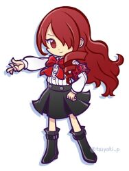 Rule 34 | 1girl, black footwear, black skirt, bow, buttons, closed mouth, doradorakingyo, drop shadow, full body, hair over one eye, kirijou mitsuru, long hair, long sleeves, official style, persona, persona 3, puyopuyo, puyopuyo quest, red bow, red eyes, red hair, s.e.e.s, shirt, skirt, smile, solo, twitter username, white background, white shirt