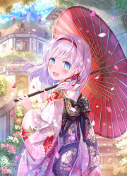 Rule 34 | 1girl, :d, ahoge, blue eyes, blue sky, blurry, blush, braid, building, bush, castle, cherry blossoms, cloud, cloudy sky, commentary request, cowboy shot, day, depth of field, falling leaves, floating hair, floral print, flower, hair intakes, hairband, highres, holding, holding umbrella, japanese clothes, kanipanda, kimono, leaf, light rays, long hair, long sleeves, looking at viewer, looking back, obi, oil-paper umbrella, open mouth, original, outdoors, print kimono, sash, sidelocks, sky, smile, solo, stairs, standing, tunnel, umbrella, white hair, white kimono, wide sleeves, window