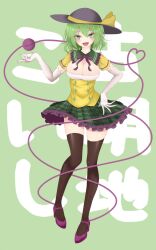 Rule 34 | 1girl, :d, black hat, black thighhighs, breasts, cleavage, dai zu san, full body, green background, green eyes, green hair, green skirt, hat, hat ribbon, heart, heart of string, highres, koishi day, komeiji koishi, large breasts, looking at viewer, open mouth, plaid, plaid skirt, ribbon, short hair, skirt, smile, solo, thighhighs, third eye, touhou, yellow ribbon