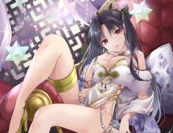 Rule 34 | 1girl, akatsuki hijiri, bare shoulders, black hair, blush, breasts, cleavage, couch, dress, earrings, fate/grand order, fate (series), feather boa, gem, high heels, hoop earrings, ishtar (fate), jewelry, knee up, legs, long hair, looking at viewer, medium breasts, open mouth, parted bangs, parted lips, pearl (gemstone), pelvic curtain, red eyes, saint quartz (fate), sash, sitting, smile, snowflake print, solo, thighlet, tiara, two side up, white dress, yellow footwear