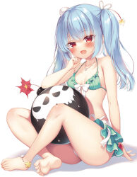 Rule 34 | 1girl, anklet, arm support, barefoot, bikini, blue hair, bomb, bow, bracelet, breasts, cleavage, collarbone, explosive, feet, flower anklet, flower bracelet, front-tie bikini top, front-tie top, green bikini, hand on own cheek, hand on own face, jewelry, legs, light blue hair, necklace, original, red eyes, sazaki ichiri, sitting, small breasts, soles, solo, swimsuit, toenails, toes, twintails, white background, white bow