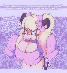 Rule 34 | 1girl, angry, blonde hair, blush, bow, breasts, cleavage, furry, furry female, huge breasts, long sleeves, meme attire, mouse (animal), open-chest sweater, plump, smutbunny, solo, sweater, tail, tiffy cheesecake, translated, twintails, whiskers