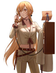 1girl, belt, blonde hair, brown belt, brown jacket, brown pants, brown suit, collarbone, eyebrows visible through hair, formal, girls frontline, hair ornament, hair ribbon, highres, holding, holding clothes, holding jacket, holding letter, holding phone, holster, jacket, jewelry, letter, long hair, looking away, navel, necklace, ots-14 (girls frontline), pants, phone, ribbon, silayloe, solo, standing, star (symbol), star necklace, suit, white background, yellow eyes