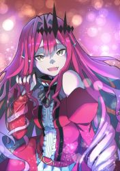 Rule 34 | 1girl, baobhan sith (fate), baobhan sith (first ascension) (fate), dress, fangs, fate/grand order, fate (series), grey eyes, long hair, nail polish, notus 23, pink hair, pink nails, playing with own hair, pointy ears, red dress, smile, solo