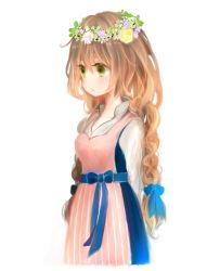 Rule 34 | 1girl, arms behind back, braid, brown hair, collar, flower, green eyes, highres, koneko mari, long hair, looking away, lying, on side, original, profile, simple background, solo, traditional clothes, twin braids, white background