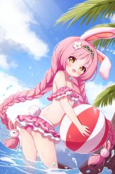 Rule 34 | 1girl, :d, animal ears, ass, ball, bare shoulders, beachball, bikini, blue hairband, blue sky, blush, braid, brown eyes, cloud, day, flower, frilled bikini, frills, hair flower, hair ornament, hairband, highres, holding, holding ball, long hair, looking at viewer, looking back, mimi (princess connect!), nose blush, open mouth, outdoors, palm tree, pink bikini, princess connect!, rabbit ears, rabbit girl, rabbit hair ornament, rabbit tail, setmen, sky, smile, solo, standing, swimsuit, tail, tree, twin braids, twintails, very long hair, wading, water, white flower