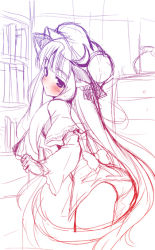 Rule 34 | 1girl, adapted costume, ass, blush, capelet, crescent, dress, female focus, from behind, hat, long hair, looking back, monochrome, patchouli knowledge, r-type nirvana, short dress, sketch, solo, souryuu (double dragon), touhou, very long hair