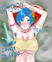 Rule 34 | 1girl, absurdres, alternate breast size, armpit crease, armpit hair, arms up, bead bracelet, bead necklace, beads, bed, bedroom, blue hair, blue nail polish, blue nails, bong, bracelet, breasts, drug use, drugged, drugged sex, drugs, ear piercing, earrings, eddarxart, english text, eyebrow cut, eyes visible through hair, flower, flower hair ornament, from above, genderswap, genderswap (mtf), green eyes, hair flower, hair ornament, highres, holostars, holostars english, holotempus, ice, imminent penetration, in bed, jewelry, joint (drug), large breasts, lying, marijuana, nail polish, navel, navel piercing, necklace, on back, piercing, presenting, red eyes, regis altare, smoking, solo, solo focus, steaming body, stomach, stoned, strapless, talking, talking, tomboy, tube top, underboob, upper body, virtual youtuber, yes-no pillow