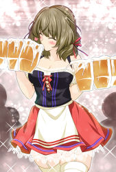 Rule 34 | 10s, 1girl, ^ ^, alcohol, apron, bare shoulders, beer mug, blush, breasts, carrying, cleavage, closed eyes, collarbone, cowboy shot, cross-laced clothes, cup, detached sleeves, dirndl, drinking, drinking glass, eyebrows, foam, frills, garter straps, german clothes, glint, green hair, grey hair, hair ribbon, happy, heart, holding, idolmaster, idolmaster cinderella girls, lace, lace-trimmed skirt, lace trim, large breasts, miniskirt, miyashiro sousuke, mole, mole under eye, mug, oktoberfest, outline, petticoat, puffy short sleeves, puffy sleeves, red ribbon, red skirt, ribbon, short hair, short sleeves, silhouette, skindentation, skirt, solo focus, sparkle, spoken heart, standing, takagaki kaede, thighhighs, thighs, waist apron, water drop, wavy hair, white apron, white thighhighs, zettai ryouiki