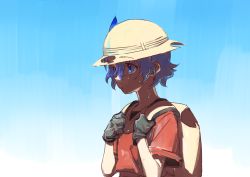 Rule 34 | 10s, 1girl, backlighting, backpack, bag, black gloves, black hair, blue eyes, blue sky, closed mouth, day, expressionless, eyelashes, from side, gen-san (x xxxg), gloves, gradient background, hair between eyes, hands up, hat, hat feather, helmet, highres, hot, kaban (kemono friends), kemono friends, looking away, outdoors, pith helmet, red skirt, shirt, short hair, short sleeves, skirt, sky, solo, sweat, tareme, upper body, wavy hair, white hat
