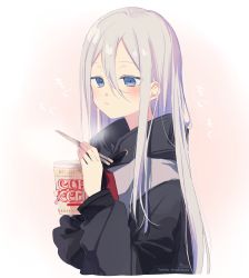 Rule 34 | 1girl, black jacket, blue eyes, character request, chopsticks, closed mouth, commentary request, cropped torso, drawstring, eating, gradient background, grey hair, hair between eyes, hands up, highres, holding, holding chopsticks, jacket, long hair, long sleeves, nissin cup noodle, pink background, project sekai, puffy long sleeves, puffy sleeves, signature, simple background, sofra, solo, steam, twitter username, upper body, very long hair, white background