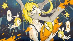 Rule 34 | 1girl, 2others, :&gt;, :&lt;, =), ass, blonde hair, blue eyes, broken heart, building, caress, cityscape, collarbone, crescent moon, crossed out, curved horizon, disembodied hand, flat chest, frown, hair ornament, hairclip, half-closed eyes, hand on another&#039;s cheek, hand on another&#039;s face, hand on another&#039;s head, hands on another&#039;s face, heart, holding, holding stuffed toy, kagamine rin, looking at viewer, looking to the side, messy hair, moa (fade64222), moon, multiple others, nail polish, headpat, radio antenna, rin no youchuu, shirt, sky, sleeveless, sleeveless shirt, spoken heart, star (sky), starry sky, stuffed fox, stuffed toy, tank top, vocaloid, x x, yellow nails