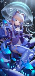 Rule 34 | 1girl, air bubble, bare shoulders, blue gemstone, blue hair, bow-shaped hair, breasts, bubble, closed mouth, colored tips, detached collar, detached sleeves, gem, genshin impact, gloves, half gloves, highres, jellyfish, long hair, long sleeves, looking at viewer, multicolored eyes, multicolored hair, navel, pink hair, sangonomiya kokomi, smile, solo, thick eyebrows, thighhighs, underwater, underwear, vision (genshin impact), white gloves, white thighhighs, yuujin (yuzinn333)