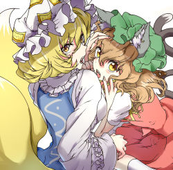 Rule 34 | 2girls, absurdres, animal ear fluff, animal ears, animal hat, bad id, bad pixiv id, blonde hair, brown hair, cat tail, chen, collar, commentary request, dress, earrings, fingernails, fox ears, fox tail, frilled collar, frilled sleeves, frills, green headwear, hand on another&#039;s head, hat, highres, jewelry, kitsune, kyuubi, long fingernails, long sleeves, looking at viewer, looking back, medium hair, mitaojiu (wumiaoxiao mengjiu), mob cap, multiple girls, multiple tails, nekomata, open mouth, mob cap, puffy short sleeves, puffy sleeves, red skirt, red vest, sharp fingernails, shirt, short hair, short sleeves, skirt, skirt set, tail, tassel, touhou, vest, white dress, white shirt, yakumo ran, yellow eyes