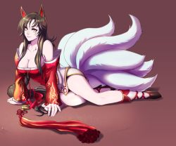 Rule 34 | 1girl, ahri (league of legends), amaranth, animal ears, breasts, brown hair, cleavage, facial mark, fox tail, korean clothes, large breasts, league of legends, long hair, solo, tail, whisker markings, yellow eyes