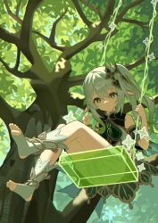 Rule 34 | 1girl, absurdres, bloomers, bracelet, chinese commentary, commentary request, cross-shaped pupils, dappled sunlight, dress, from below, genshin impact, gold trim, gradient hair, green eyes, green hair, green theme, grey hair, hair ornament, highres, in tree, jewelry, leaf hair ornament, multicolored hair, nahida (genshin impact), pointy ears, side ponytail, sidelocks, solo, stirrup footwear, stirrup legwear, sunlight, swing, swinging, symbol-shaped pupils, syouko jiaozijun, toeless legwear, tree, underwear, white bloomers, white dress