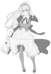 Rule 34 | 1girl, absurdres, ahoge, apron, apron lift, breasts, clothes lift, fantasy, frown, full body, greyscale, highres, kujuu shikuro, large breasts, lifting own clothes, long hair, looking at viewer, maid, maid apron, maid headdress, monochrome, original, pointy ears, solo, thighhighs, white background
