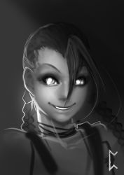 Rule 34 | 1girl, absurdres, braid, gevurah-studios, greyscale, hairline, highres, jinx (league of legends), league of legends, long hair, looking at viewer, monochrome, smile, solo, twin braids
