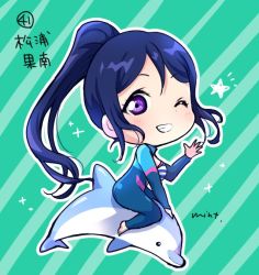 Rule 34 | 1girl, artist name, artist request, bikini, blue bikini, blue bodysuit, blue hair, blush, bodysuit, breasts, chibi, cowboy shot, diving suit, dolphin, feet, female focus, full body, hair between eyes, hand wave, long hair, long sleeves, looking at viewer, love live!, love live! school idol festival, love live! school idol festival all stars, love live! sunshine!!, matsuura kanan, mint (mintlemonade3), one eye closed, open clothes, parted lips, ponytail, purple eyes, sideboob, skin tight, small breasts, smile, solo, star (symbol), striped bikini, striped clothes, swimsuit, turtleneck, wetsuit