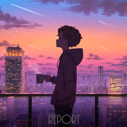 Rule 34 | 1boy, absurdres, black pants, brown hair, building, city, city lights, cityscape, cloud, commentary request, cup, evening, grey hoodie, hand in pocket, highres, holding, holding cup, hood, hoodie, male focus, meteor, meteor shower, original, pants, pasoputi, railing, sky, skyline, standing, star (sky), sunset