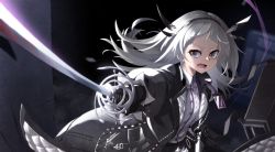Rule 34 | 1girl, arknights, black gloves, black jacket, black skirt, commentary request, fang, gloves, grey eyes, grey hair, highres, holding, holding sword, holding weapon, irene (arknights), jacket, long hair, long sleeves, looking at viewer, mizunashi (second run), open mouth, puffy long sleeves, puffy sleeves, shirt, skirt, solo, sword, very long hair, weapon, white shirt